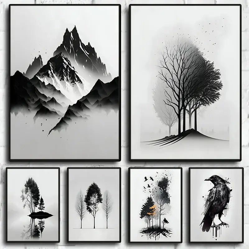Set of six black and white minimalist mountain tree art prints in sleek frames featuring peaks and a crow by DecorBites™