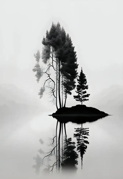 Decorbites™ black and white mountain tree landscape wall art featuring solitary pine trees on a misty island reflection