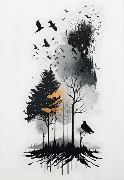 Stylized black and gray silhouette forest scene with birds and a crow in the decorbites™ black and white mountain tree wall art