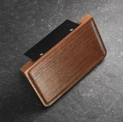 A sleek rectangular wooden tray with black metal insert in the decorbites bathroom hardware set with storage shelf