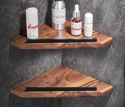 Two triangular wooden corner shelves with sleek black metal bars in the decorbites bathroom hardware set