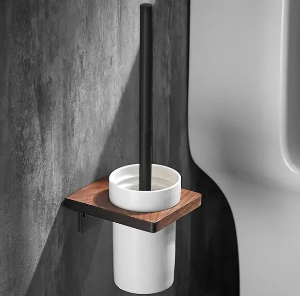 Black and wood bathroom hardware set featuring a black and white toilet brush holder with wooden accent by decorbites bathroom hardware