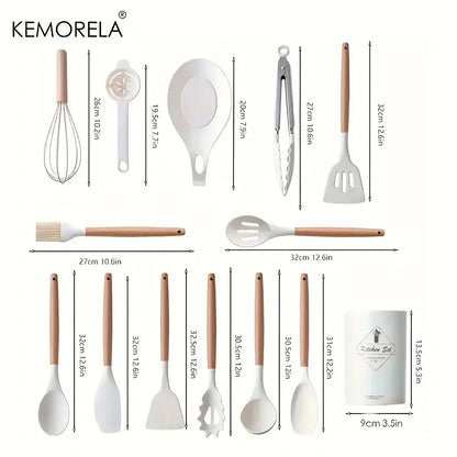 Kemorela silicone kitchen utensil set with white silicone heads wooden handles and black ceramic storage box