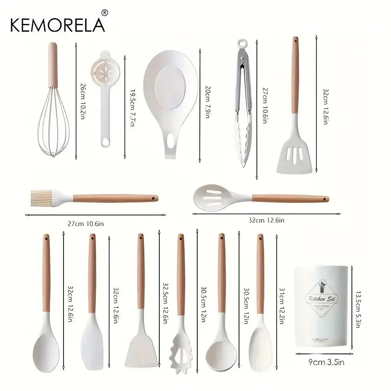 Kemorela silicone kitchen utensil set with white silicone heads wooden handles and black ceramic storage box