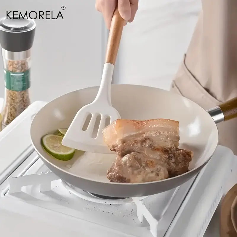 White silicone kitchen utensil spatula with wooden handle branded kemorela from black and wood silicone kitchen utensil set