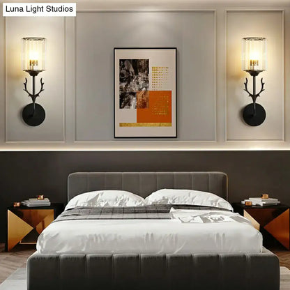 Black antler crystal wall sconce with clear glass shades for bedroom e26 e27 cylinder light fixture