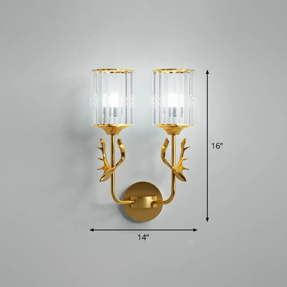 Gold-toned black antler crystal wall sconce with two e26 e27 crystal glass shades for bedroom lighting