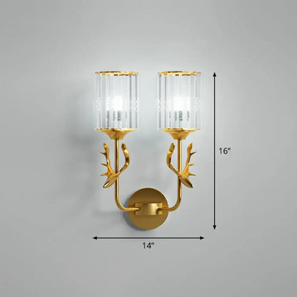 Gold-toned black antler crystal wall sconce with two e26 e27 crystal glass shades for bedroom lighting