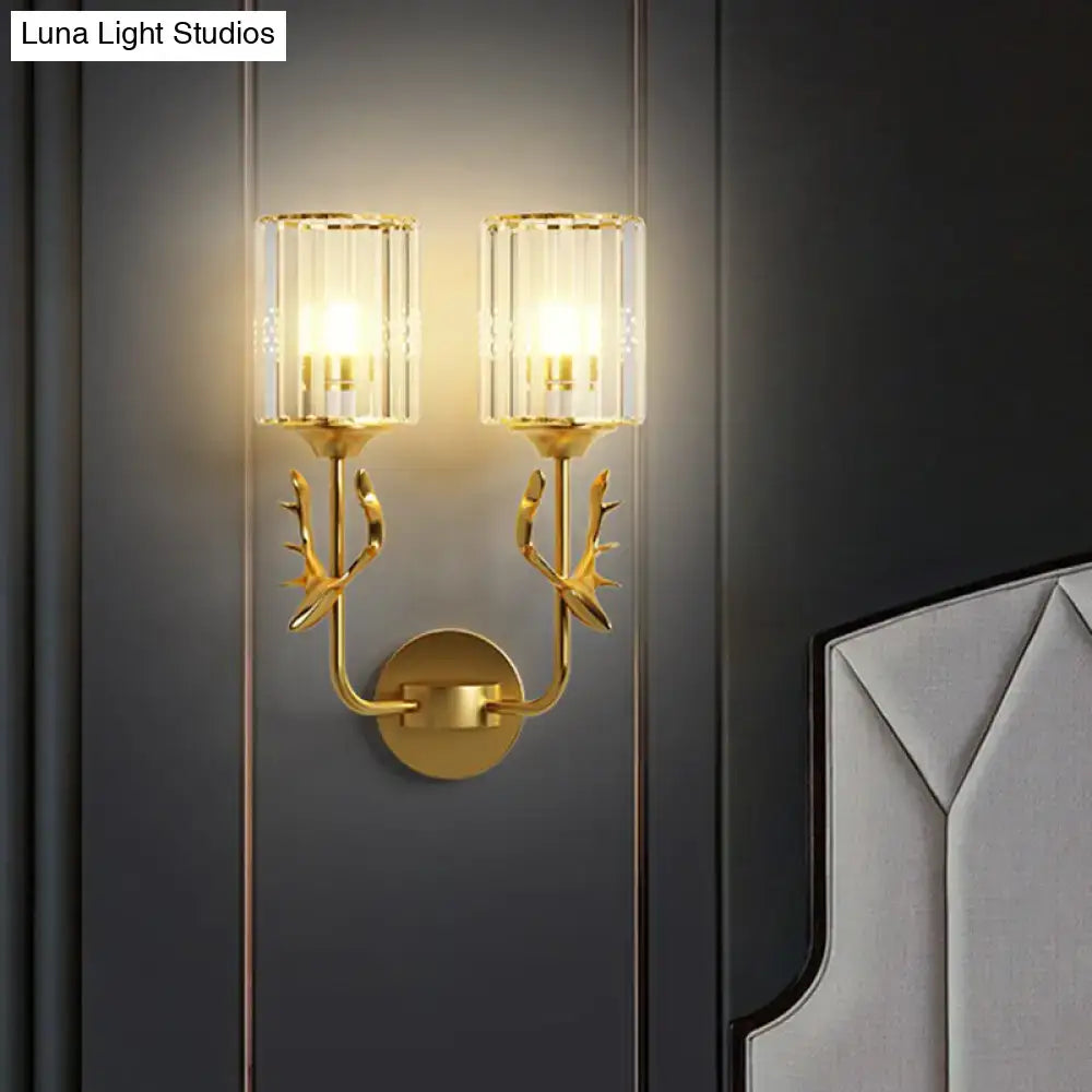 Gold-toned black antler crystal wall sconce with two e26 e27 lights and antler-inspired arms for bedroom lighting