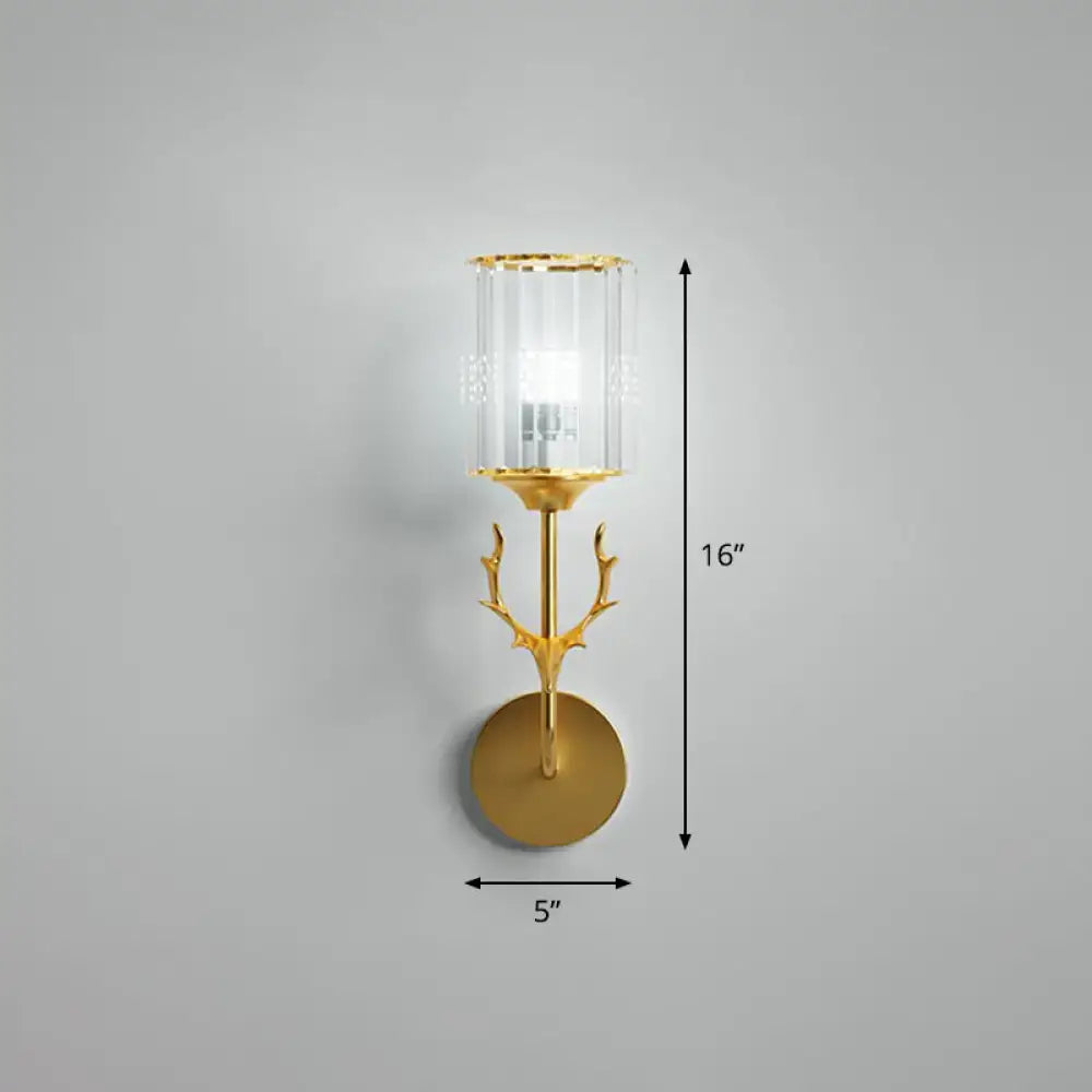 Gold-toned deer antler wall sconce with clear glass cylinder shade compatible with e26 e27 bulbs for bedroom lighting