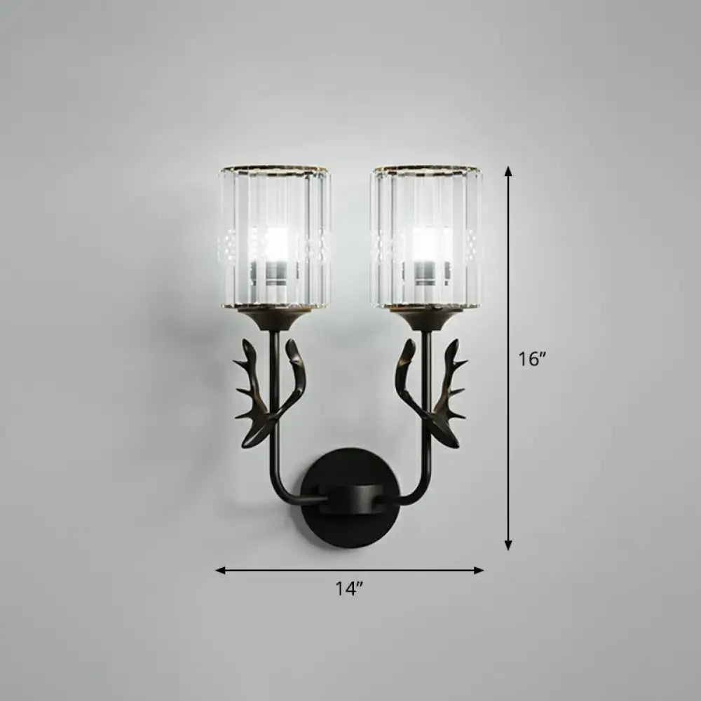 Black antler crystal wall sconce with e26 e27 clear ribbed glass shades and metal arms for bedroom lighting