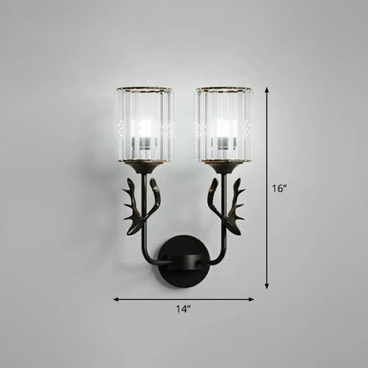 Black antler crystal wall sconce with e26 e27 clear ribbed glass shades and metal arms for bedroom lighting