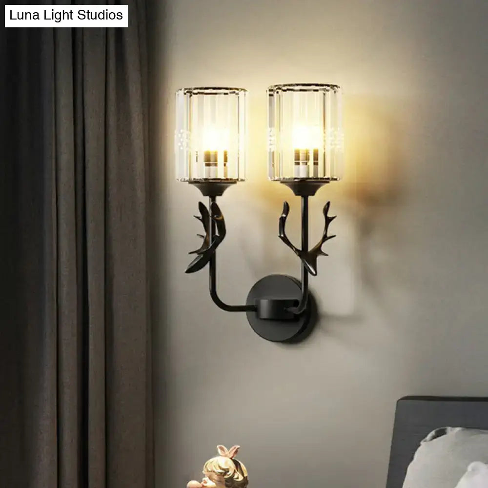Black antler crystal wall sconce with black metal antler arms and clear ribbed glass shades for e26 e27 bulbs