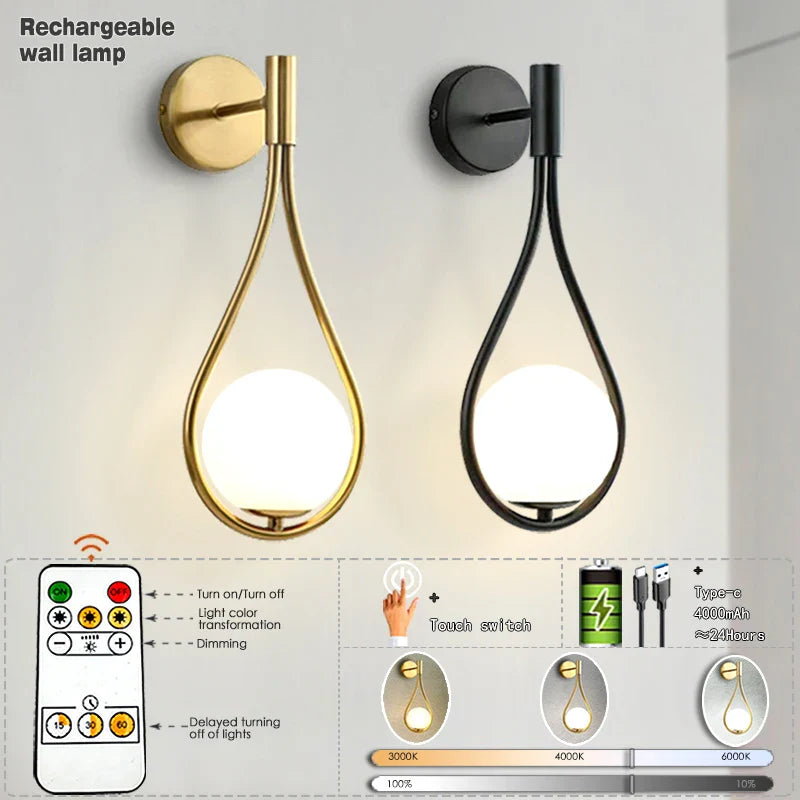Rechargeable wall lamps with teardrop design and remote control.