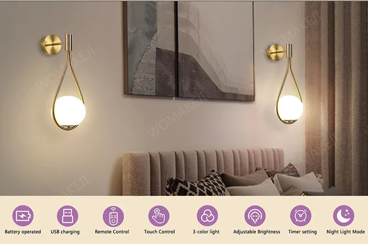 Two gold teardrop sconces with glowing white globes.