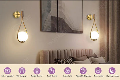 Two gold teardrop sconces with glowing white globes.