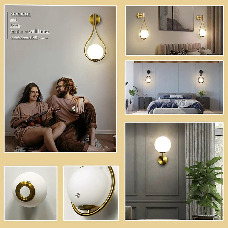Gold-framed, spherical wall lamp.