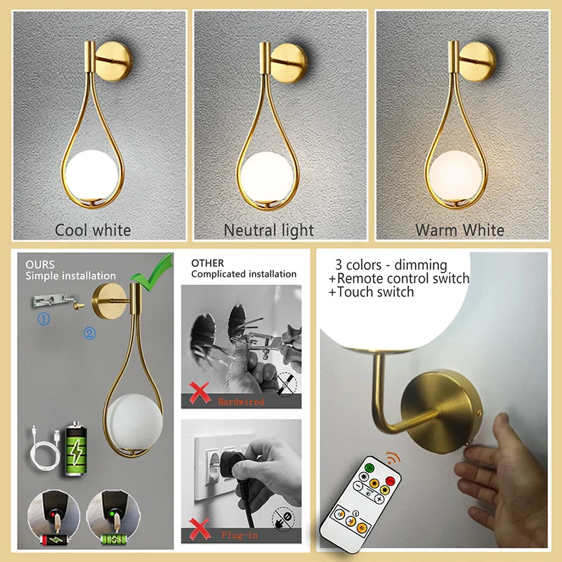 Gold wall sconce with color options and remote control.
