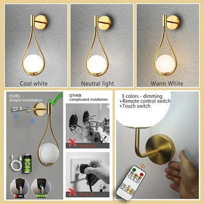 Gold wall sconce with color options and remote control.