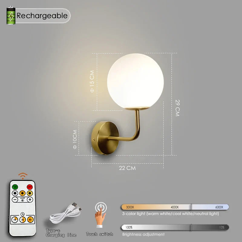 Rechargeable wall-mounted globe lamp with remote control.