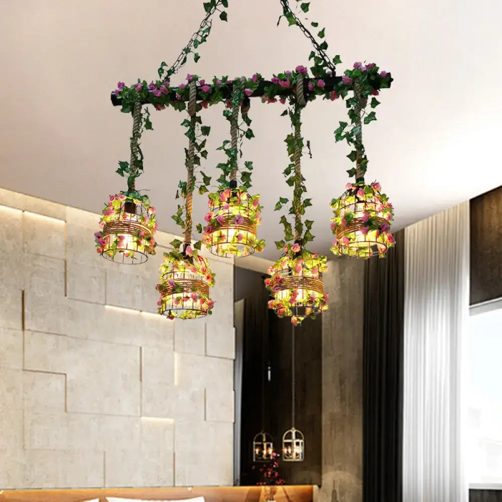 Decorbites black birdcage metallic linear pendant island light fixture with five led bulbs and rose vine accents