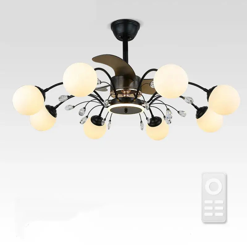Black branch ceiling fan with globe lights and crystals featuring frosted glass shades for bedroom ceiling fan lights