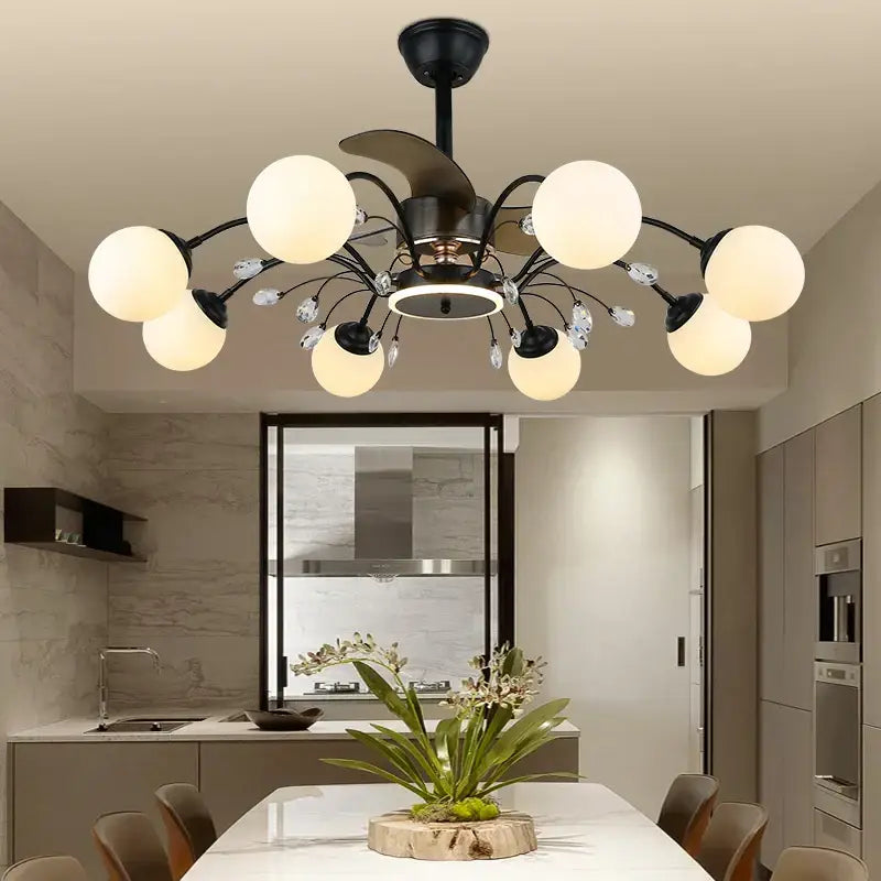 Black branch ceiling fan with globe fan lights and crystal accents designed for bedroom ceiling fan lights
