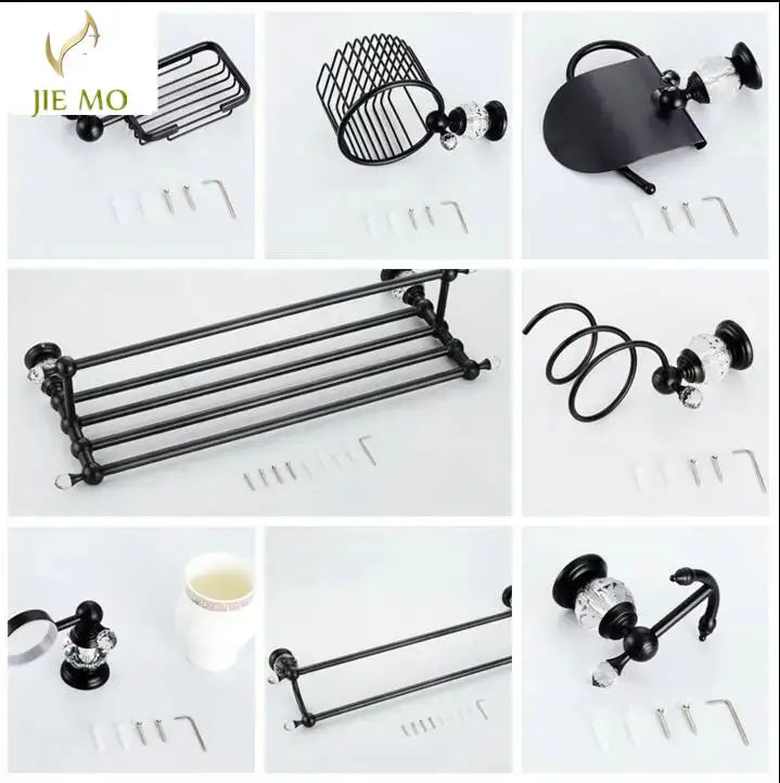 Black brass bathroom accessories set with crystal accents and ornate detailing for elegant bathroom hardware design
