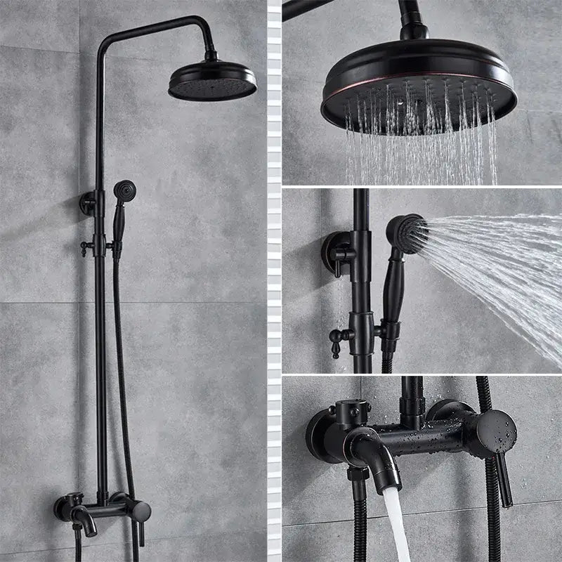 Black matte finished shower set with fixed rainhead handheld spray and wall control valve for black bronze bathroom decorbites