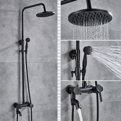 Black matte finished shower set with tall overhead rainhead handheld spray and wall mounted control valve for black bronze bathroom decorbites