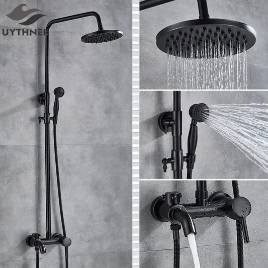 Black matte shower set with fixed rainhead handheld spray and control valve decorbites black bronze bathroom design