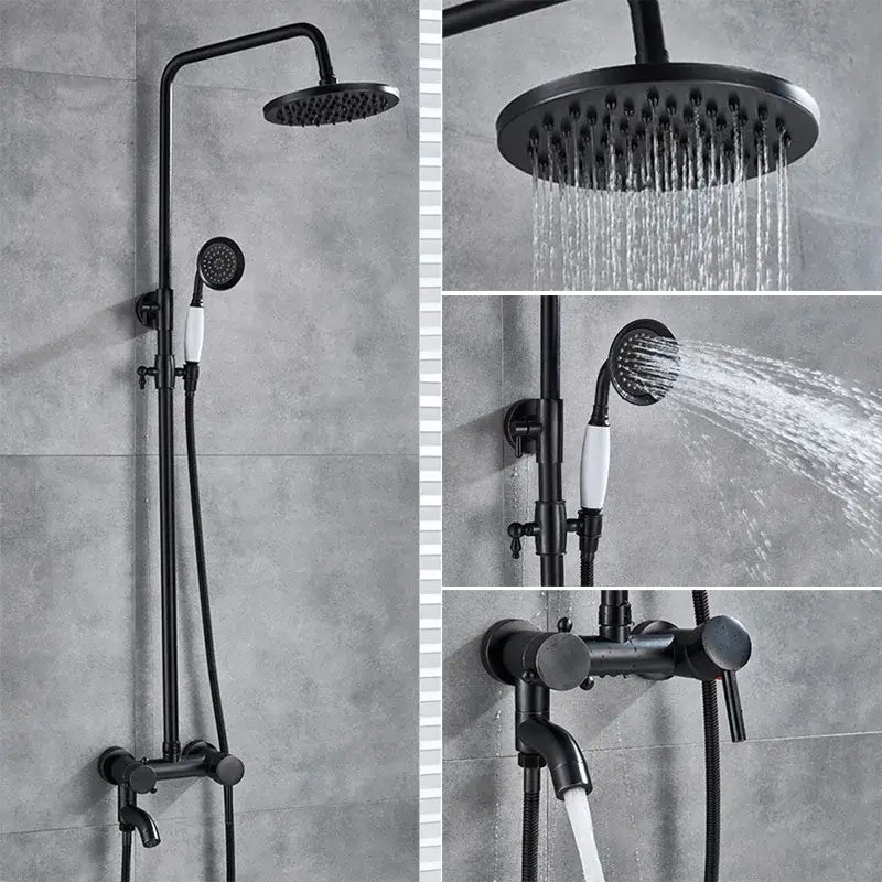 Black bronze bathroom shower set with matte black finish, tall overhead rainhead, handheld spray, and wall-mounted control valve
