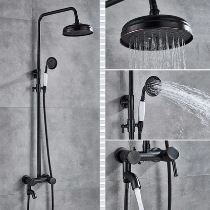 Black bronze bathroom shower set with matte black finish handheld spray and white ceramic handle accents by decorbites