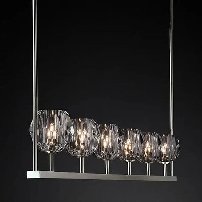 Modern black bronze copper chandelier lights with five faceted glass shades and polished chrome rods for kitchen island decorbites