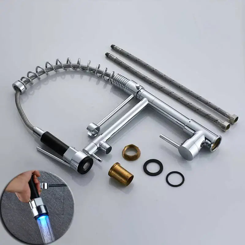 Chrome-finished kitchen faucet with flexible coiled hose and blue led pull-out spray head from decorbites black bronze dual spout