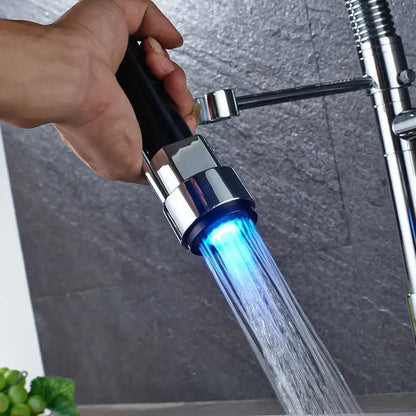 Black bronze dual spout kitchen faucet with chrome finish and blue led sprayer by decorbites