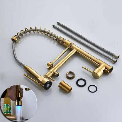 Gold-colored decorbites black bronze dual spout kitchen faucet with flexible gooseneck and pull-down spray head