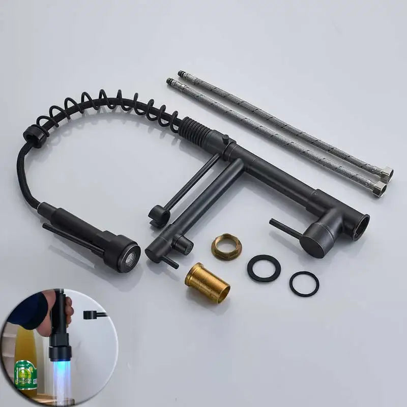 Black matte finish decorbites black bronze dual spout kitchen faucet with flexible coiled hose and brass accents