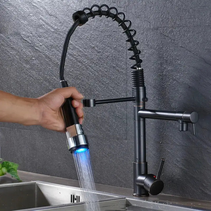 Black matte dual spout kitchen faucet with flexible coiled hose and blue led sprayer decorbites black bronze finish