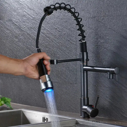 Black matte dual spout kitchen faucet with flexible coiled hose and blue led sprayer decorbites black bronze finish