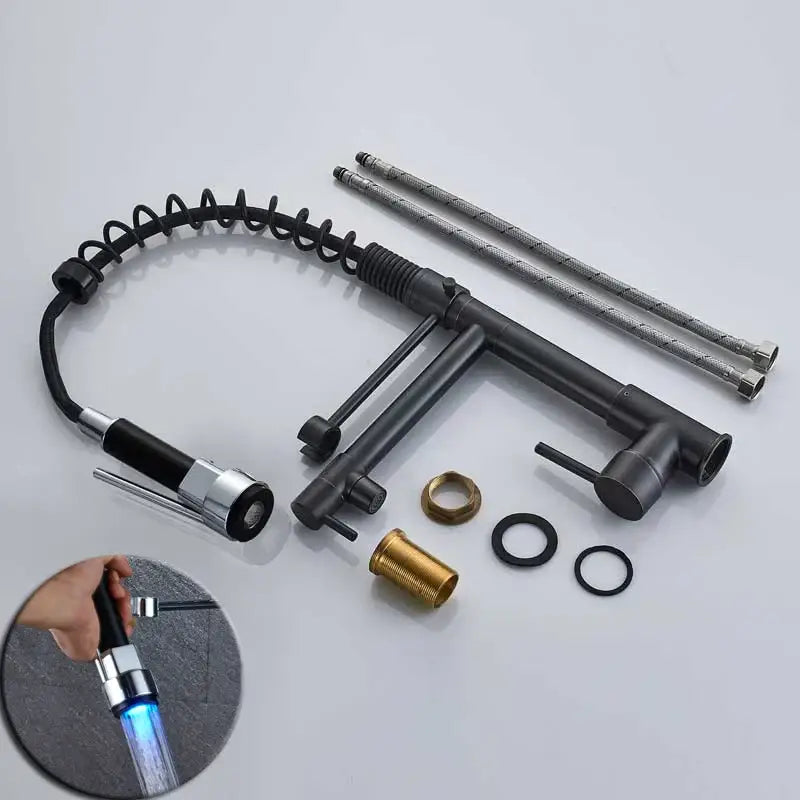 Black bronze dual spout kitchen faucet with matte finish, flexible gooseneck hose, and led-lit spray head by decorbites
