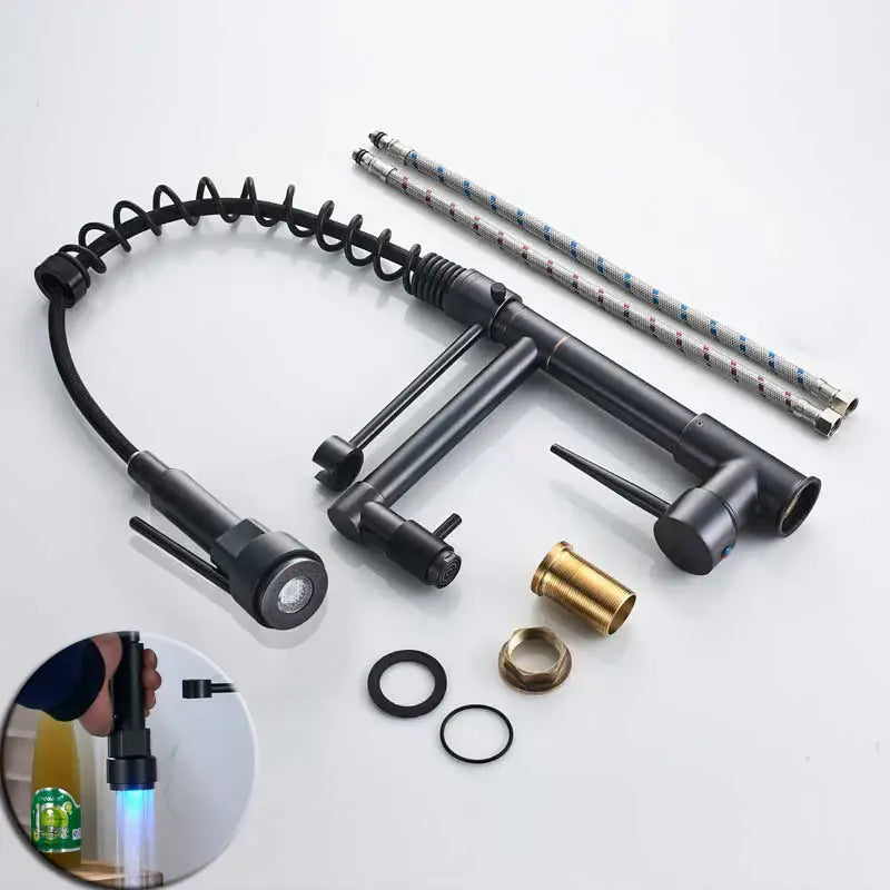 Black bronze dual spout kitchen faucet with led sprayer featuring black matte finish brass accents and flexible gooseneck spout