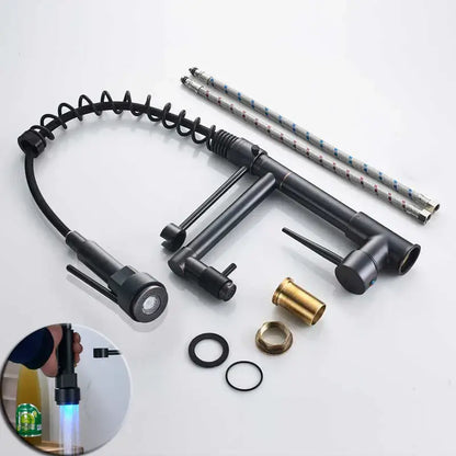 Black bronze dual spout kitchen faucet with led sprayer featuring black matte finish brass accents and flexible gooseneck spout