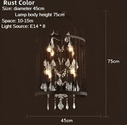 Rust-colored decorbites iron birdcage crystal chandelier with bronze iron frame and hanging crystal droplets for dining room light