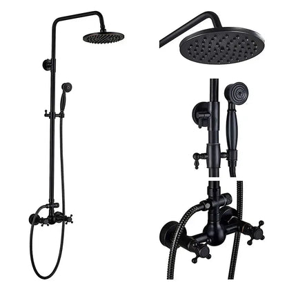 Black bronze shower faucet set with black matte finish rainhead and handheld spray featuring vintage cross-handle controls