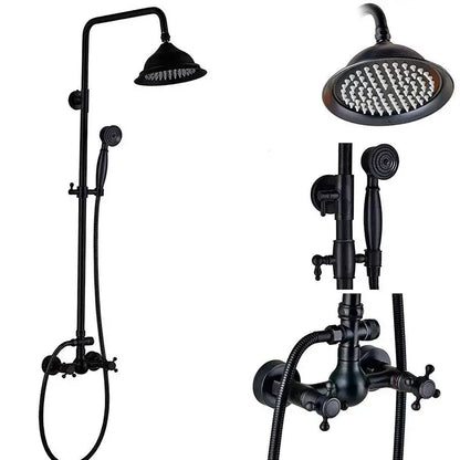 Black bronze shower faucet set with black matte brass finish, tall rainhead, handheld spray, and wall-mounted faucet