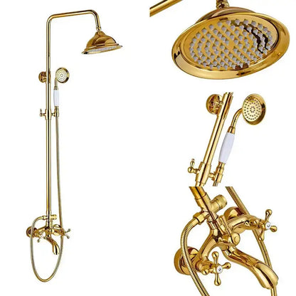 Gold-finished brass shower mixer tap with tall overhead rainhead handheld spray and cross-handle shower faucet assembly