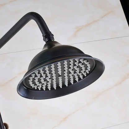 Black bronze rainfall shower mixer tap with black matte shower faucet featuring curved arm and multiple white nozzles