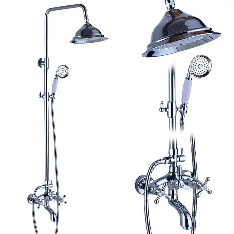 Chrome finished shower mixer tap with tall rainhead, lavender grip handheld spray, and cross-handle shower faucet assembly