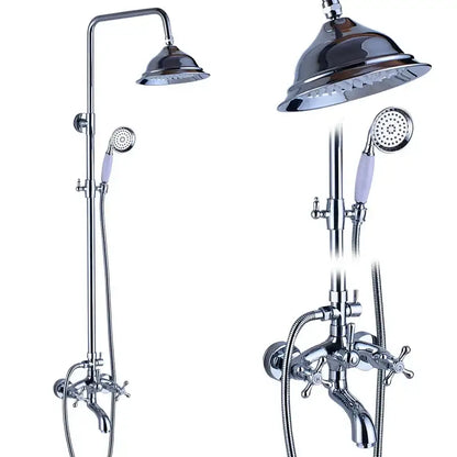 Chrome finished shower mixer tap with tall rainhead, lavender grip handheld spray, and cross-handle shower faucet assembly